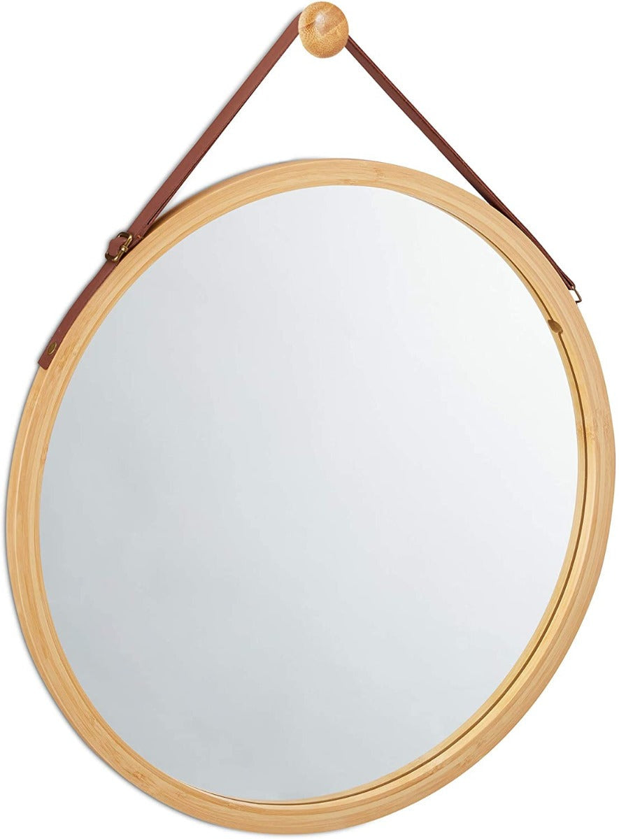 CARLA HOME Hanging Round Wall Mirror 45 cm - Solid Bamboo Frame and Adjustable Leather Strap for Bathroom and Bedroom freeshipping - Awezingly