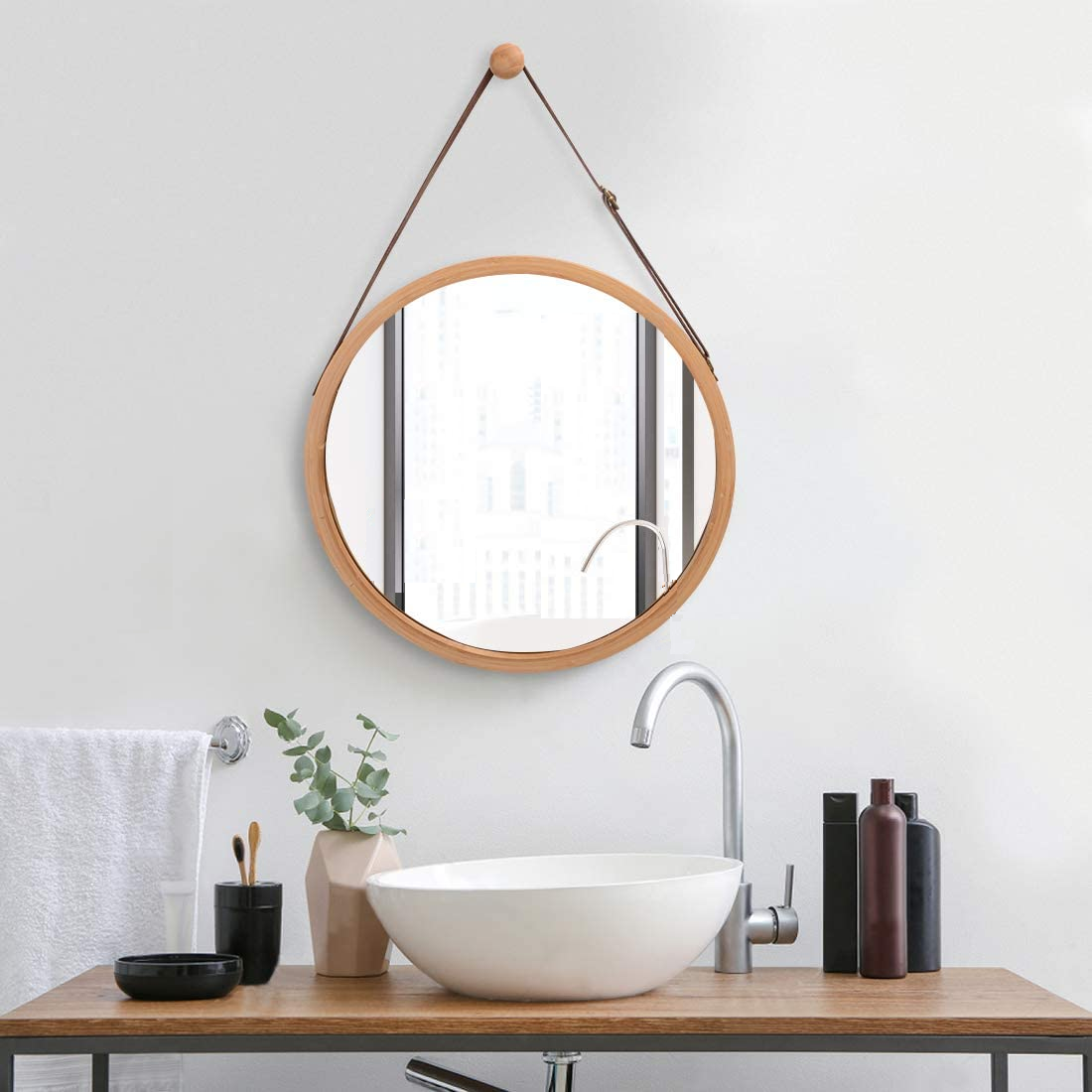 CARLA HOME Hanging Round Wall Mirror 45 cm - Solid Bamboo Frame and Adjustable Leather Strap for Bathroom and Bedroom freeshipping - Awezingly