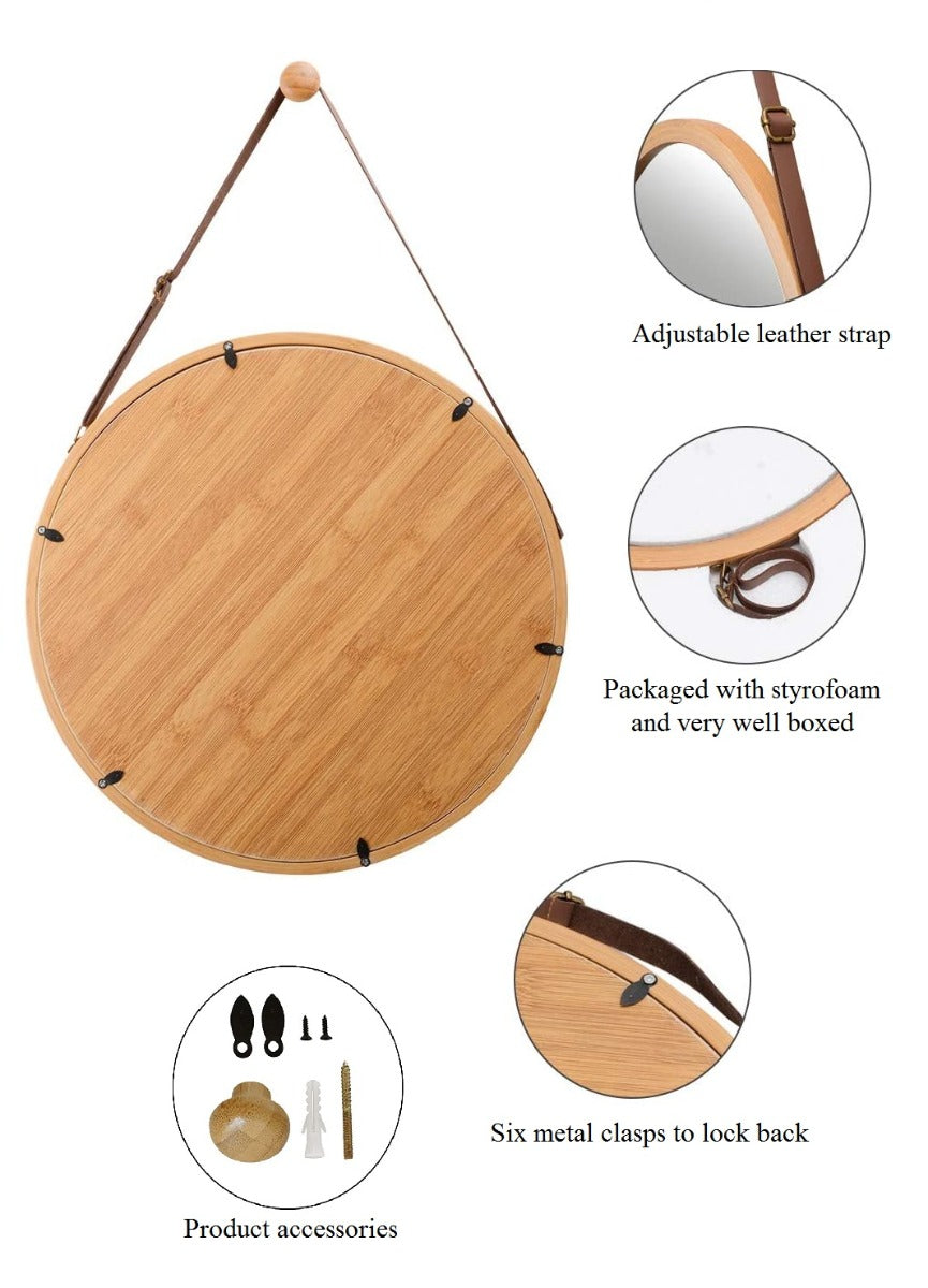CARLA HOME Hanging Round Wall Mirror 45 cm - Solid Bamboo Frame and Adjustable Leather Strap for Bathroom and Bedroom freeshipping - Awezingly
