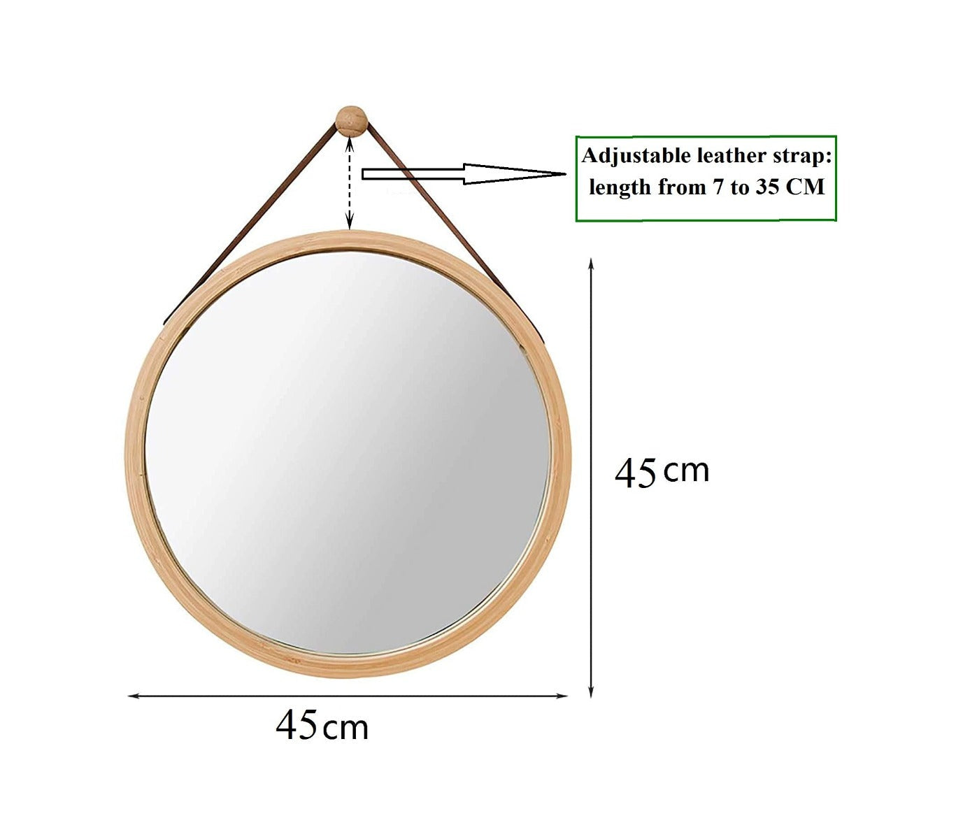 CARLA HOME Hanging Round Wall Mirror 45 cm - Solid Bamboo Frame and Adjustable Leather Strap for Bathroom and Bedroom freeshipping - Awezingly