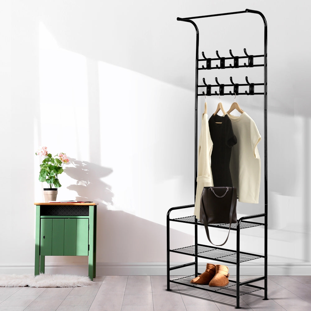 Artiss Clothes Rack Portable Hanger Shoe Storage Metal Black freeshipping - Awezingly
