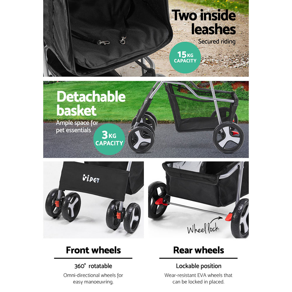 i.Pet 4 Wheel Pet Stroller - Black freeshipping - Awezingly
