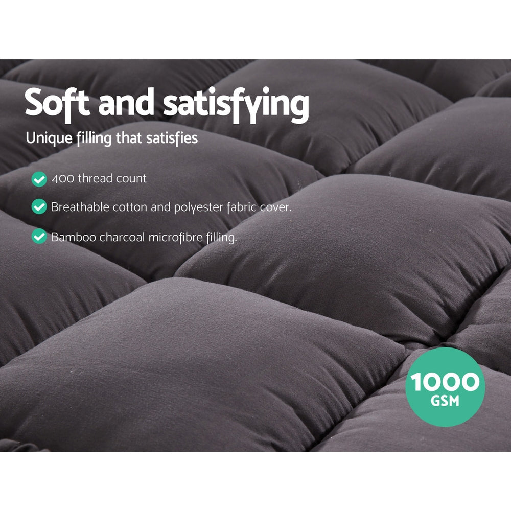 Giselle Queen Mattress Topper Pillowtop 1000GSM Charcoal Microfibre Bamboo Fibre Filling Protector freeshipping - Awezingly