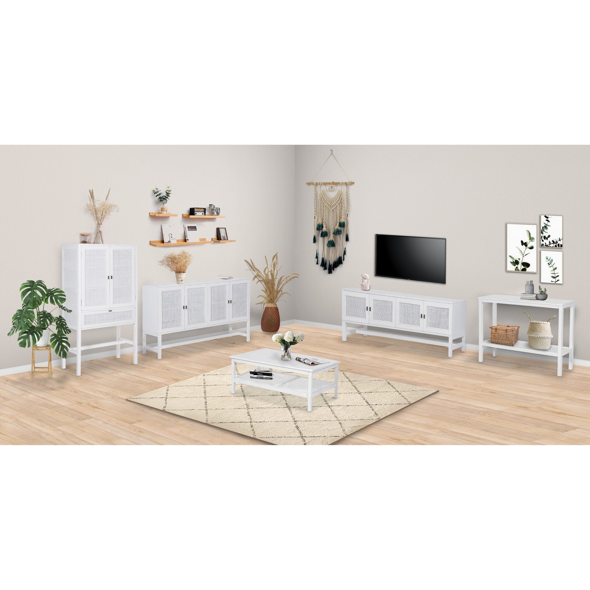 Jasmine Console Hallway Entry Table 110cm Mindi Timber Wood Rattan - White