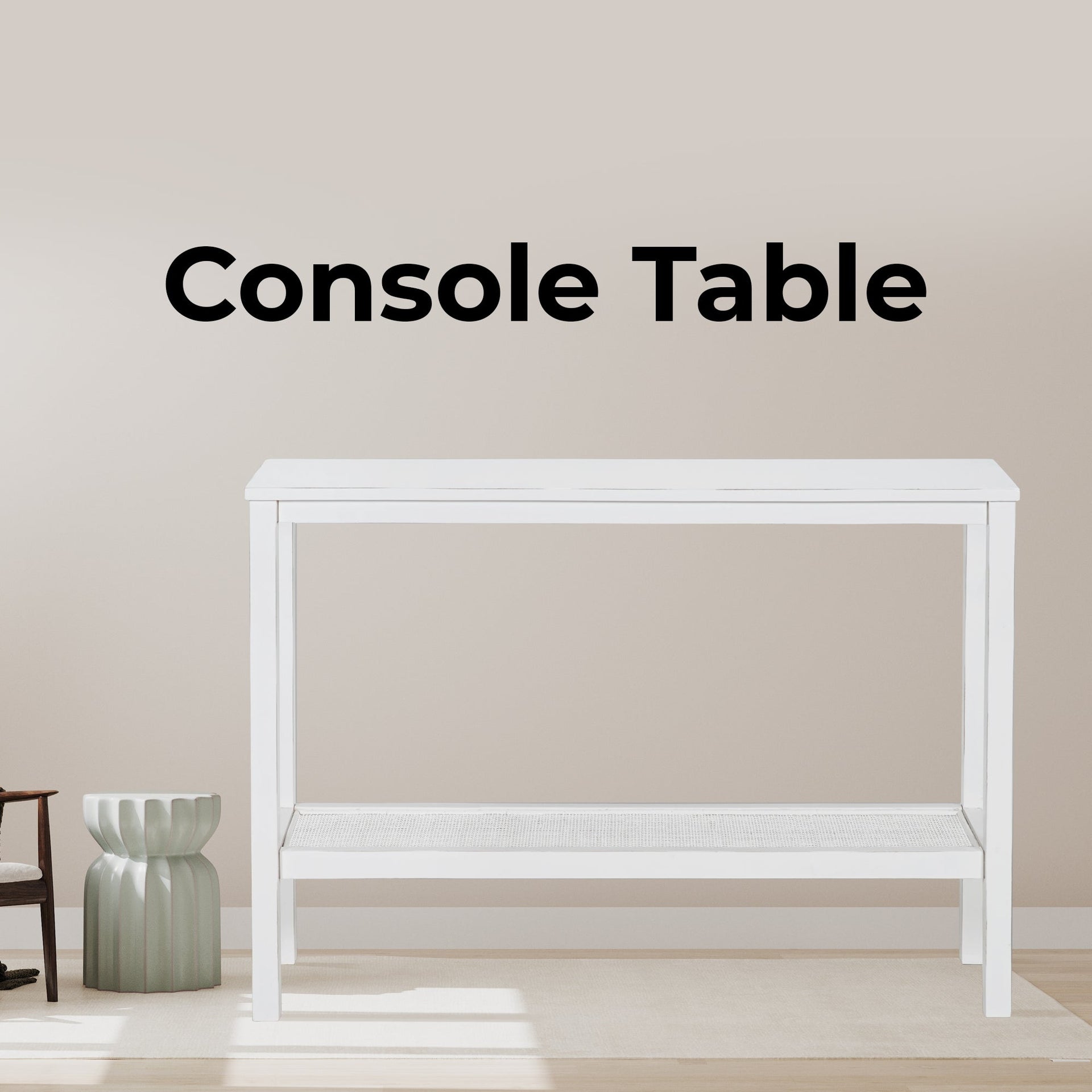 Jasmine Console Hallway Entry Table 110cm Mindi Timber Wood Rattan - White
