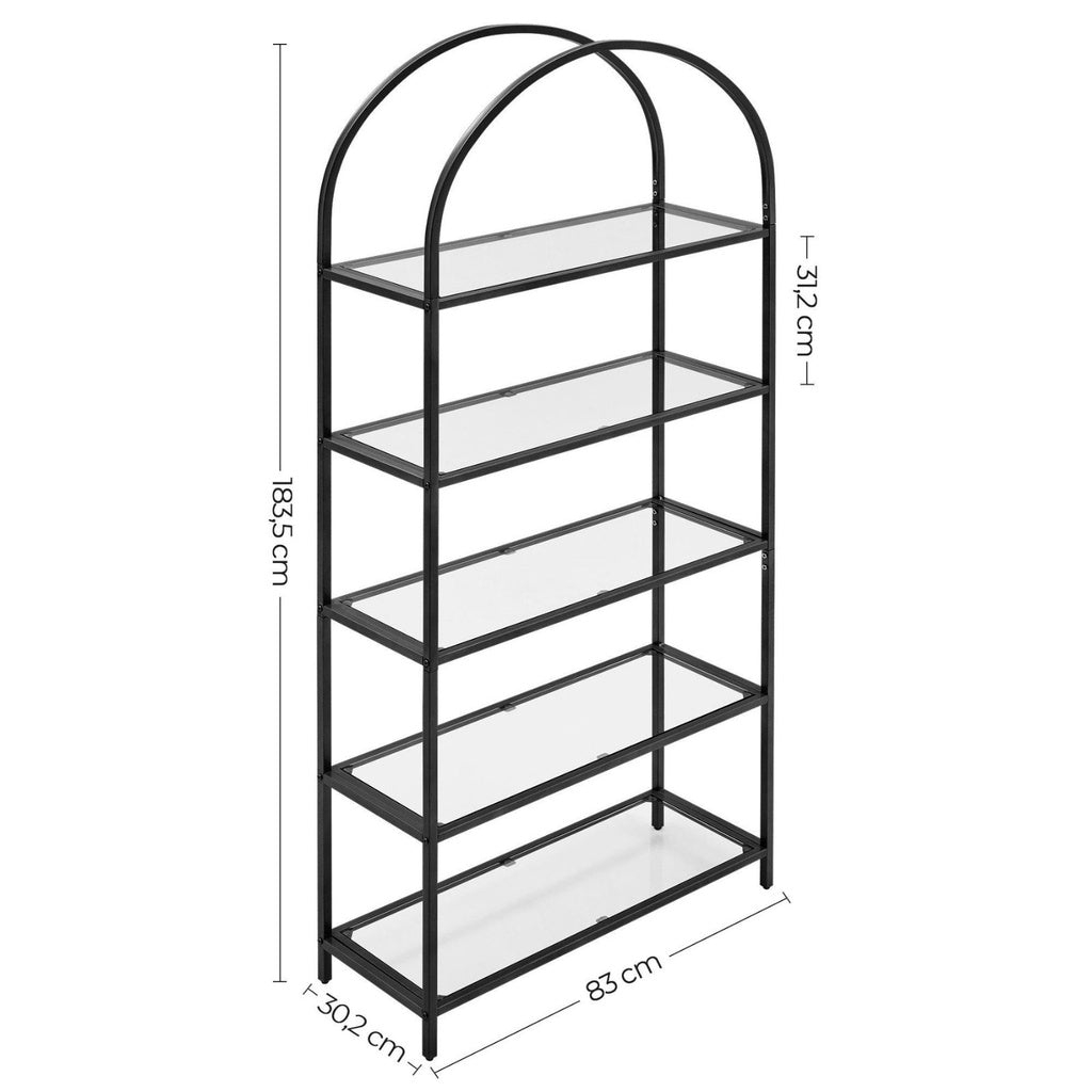 VASAGLE Bookshelf 5 Tier Tempered Glass with Metal Frame Black LGT050B61