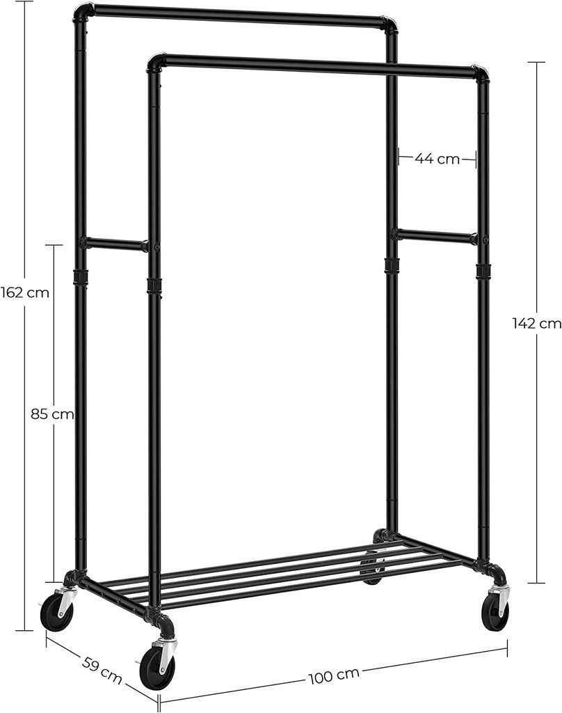 SONGMICS Industrial Pipe Clothes Rack on Wheels with Hanging Rack Organizer Black