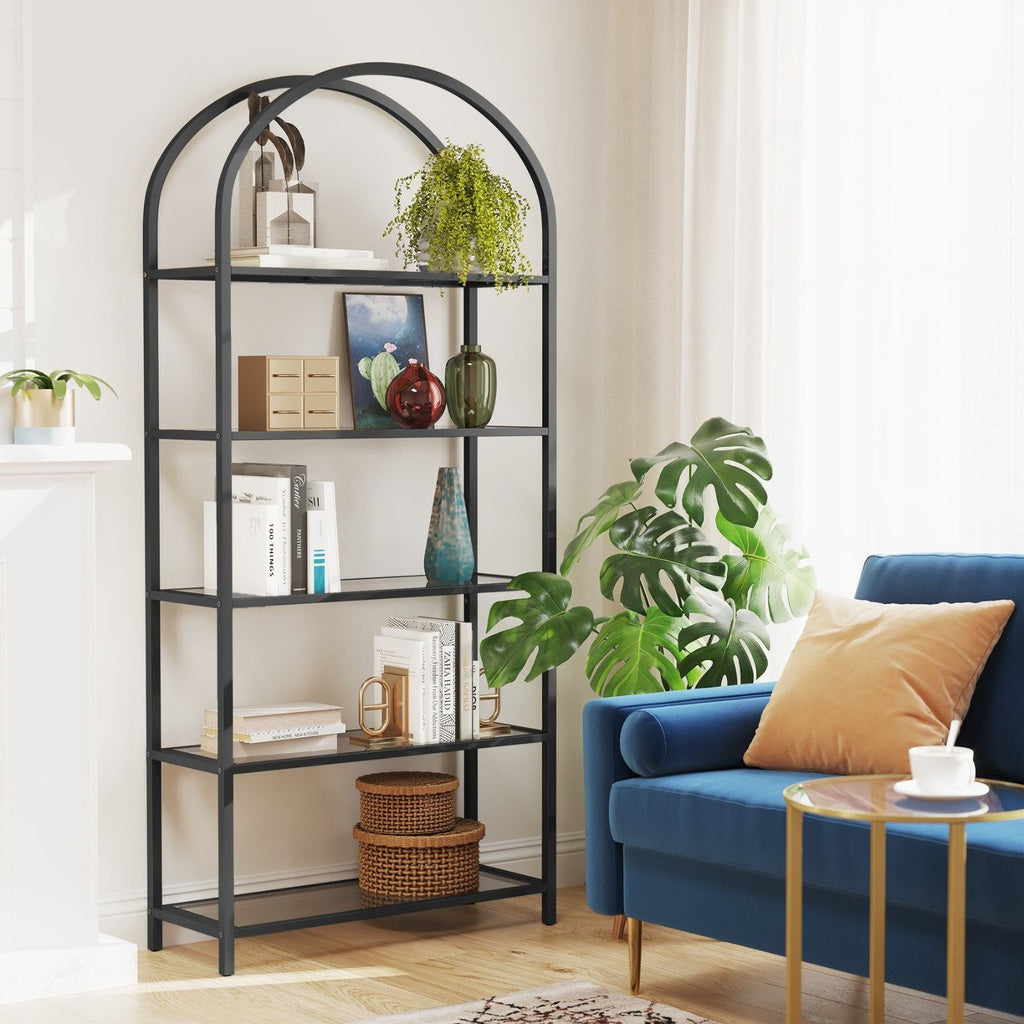 VASAGLE Bookshelf 5 Tier Tempered Glass with Metal Frame Black LGT050B61
