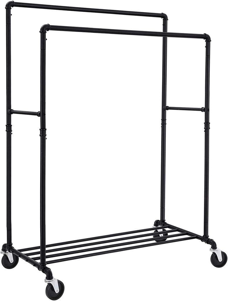 SONGMICS Industrial Pipe Clothes Rack on Wheels with Hanging Rack Organizer Black
