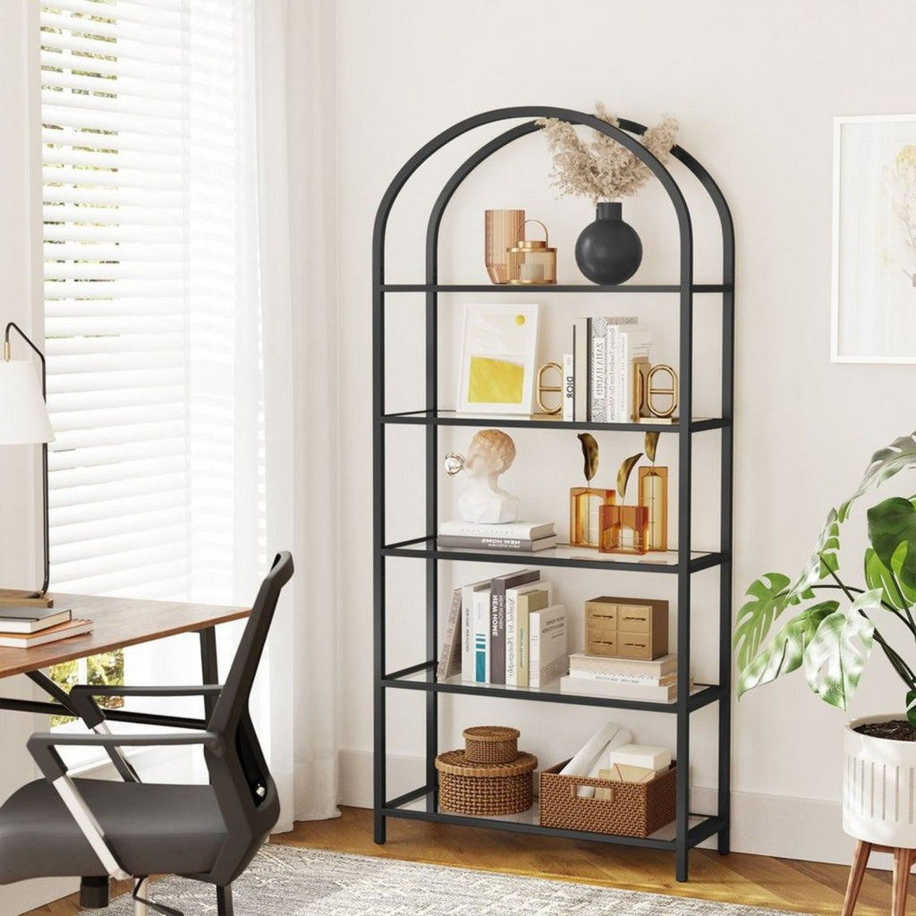 VASAGLE Bookshelf 5 Tier Tempered Glass with Metal Frame Black LGT050B61