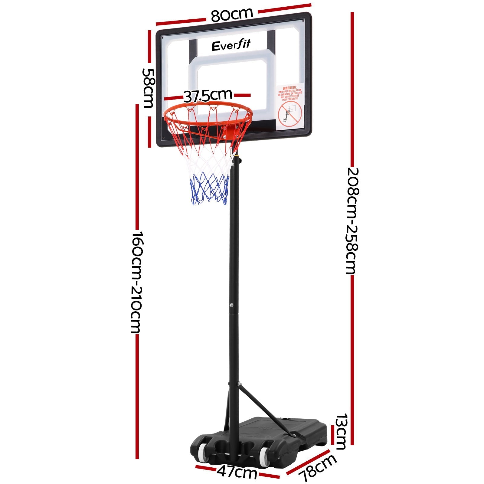 Everfit Adjustable Portable Basketball Stand Hoop System Rim 1.60m to 2.1m