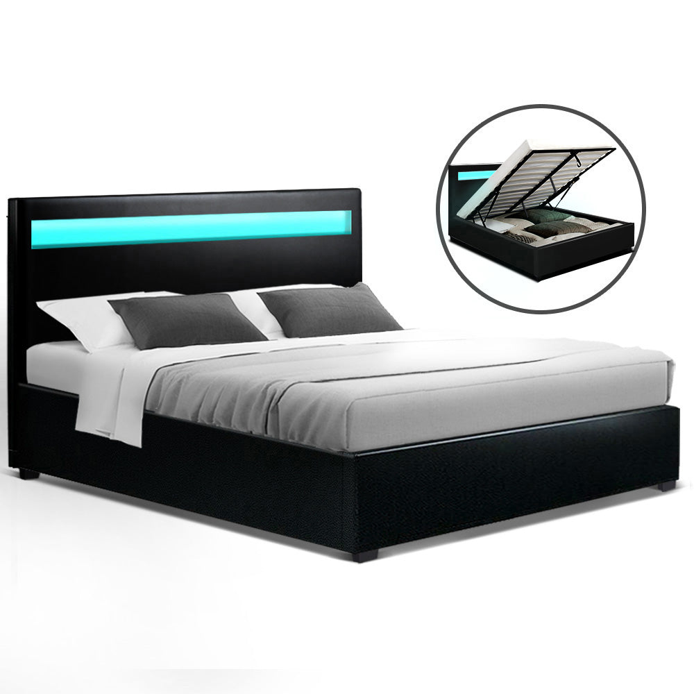 Artiss LED Bed Frame Double Full Size Gas Lift Base With Storage Black Leather freeshipping - Awezingly