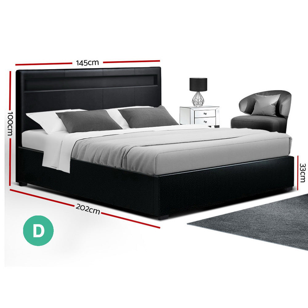 Artiss LED Bed Frame Double Full Size Gas Lift Base With Storage Black Leather freeshipping - Awezingly