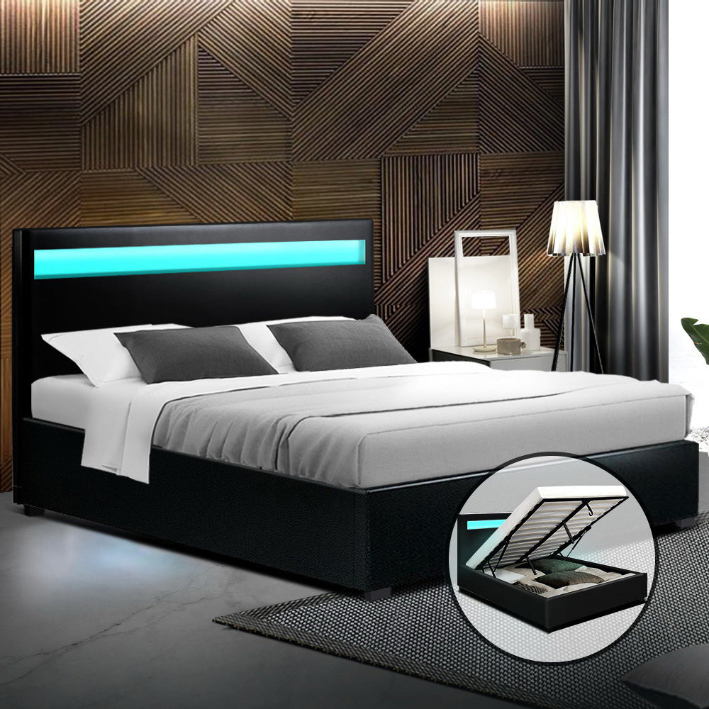 Artiss LED Bed Frame Double Full Size Gas Lift Base With Storage Black Leather freeshipping - Awezingly