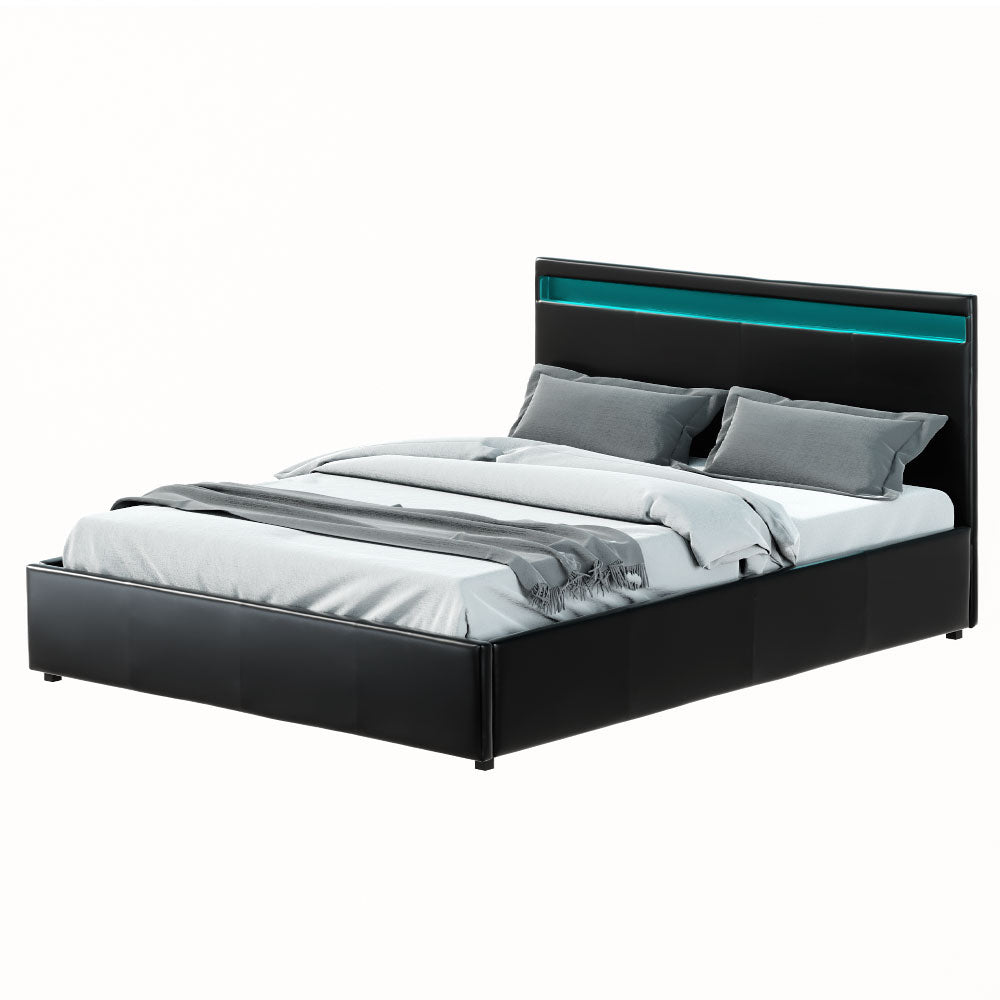 Artiss LED Bed Frame Queen Size Gas Lift Base With Storage Black Leather