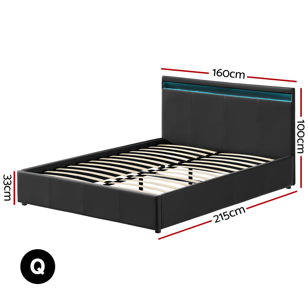 Artiss LED Bed Frame Queen Size Gas Lift Base With Storage Black Leather