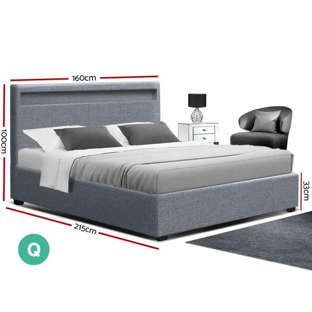 Artiss LED Bed Frame Queen Size Gas Lift Base With Storage Grey Fabric COLE freeshipping - Awezingly