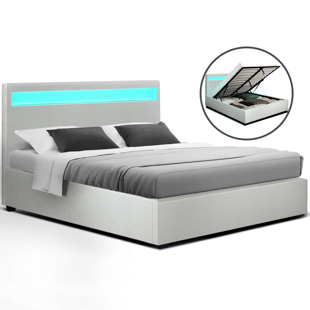 Artiss LED Bed Frame Queen Size Gas Lift Base With Storage White Leather freeshipping - Awezingly