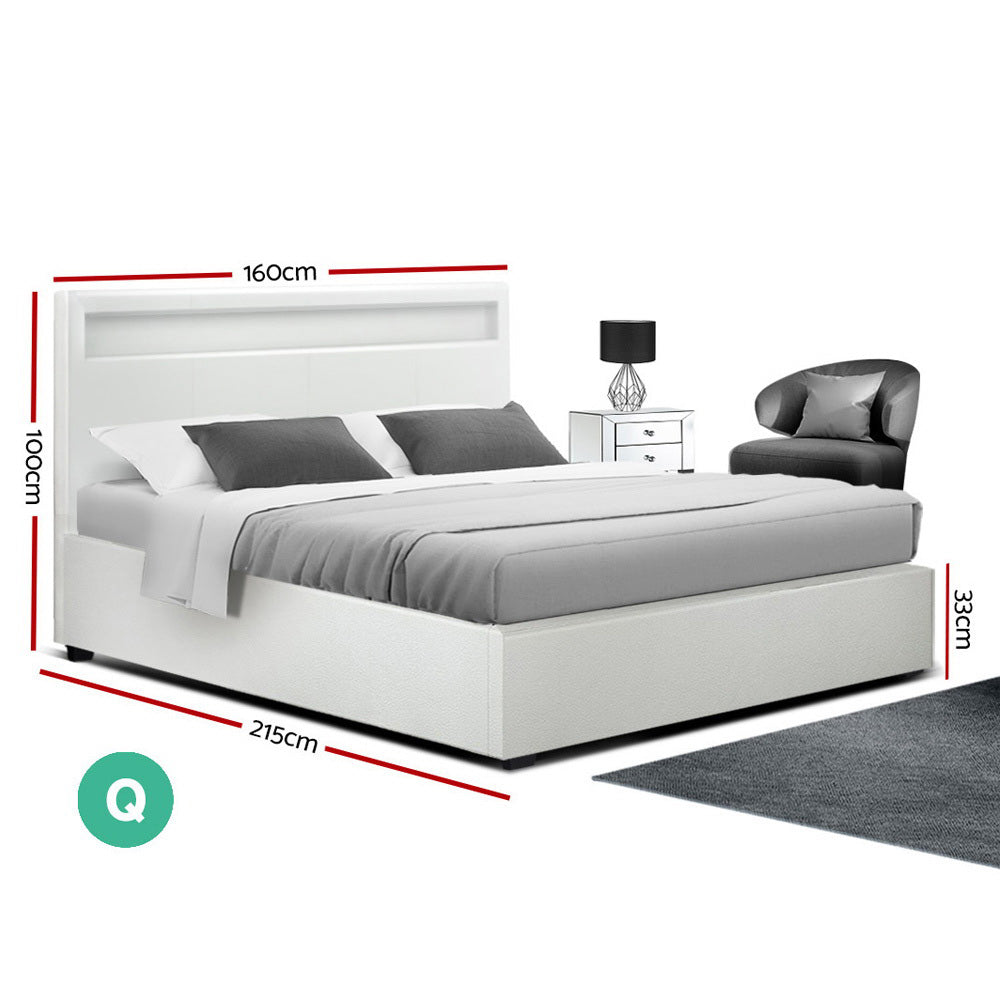 Artiss LED Bed Frame Queen Size Gas Lift Base With Storage White Leather freeshipping - Awezingly