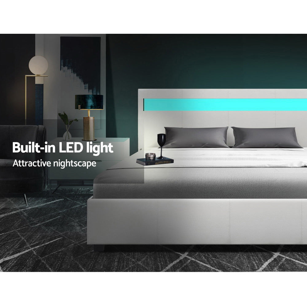 Artiss LED Bed Frame Queen Size Gas Lift Base With Storage White Leather freeshipping - Awezingly