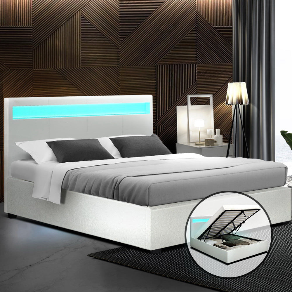 Artiss LED Bed Frame Queen Size Gas Lift Base With Storage White Leather freeshipping - Awezingly