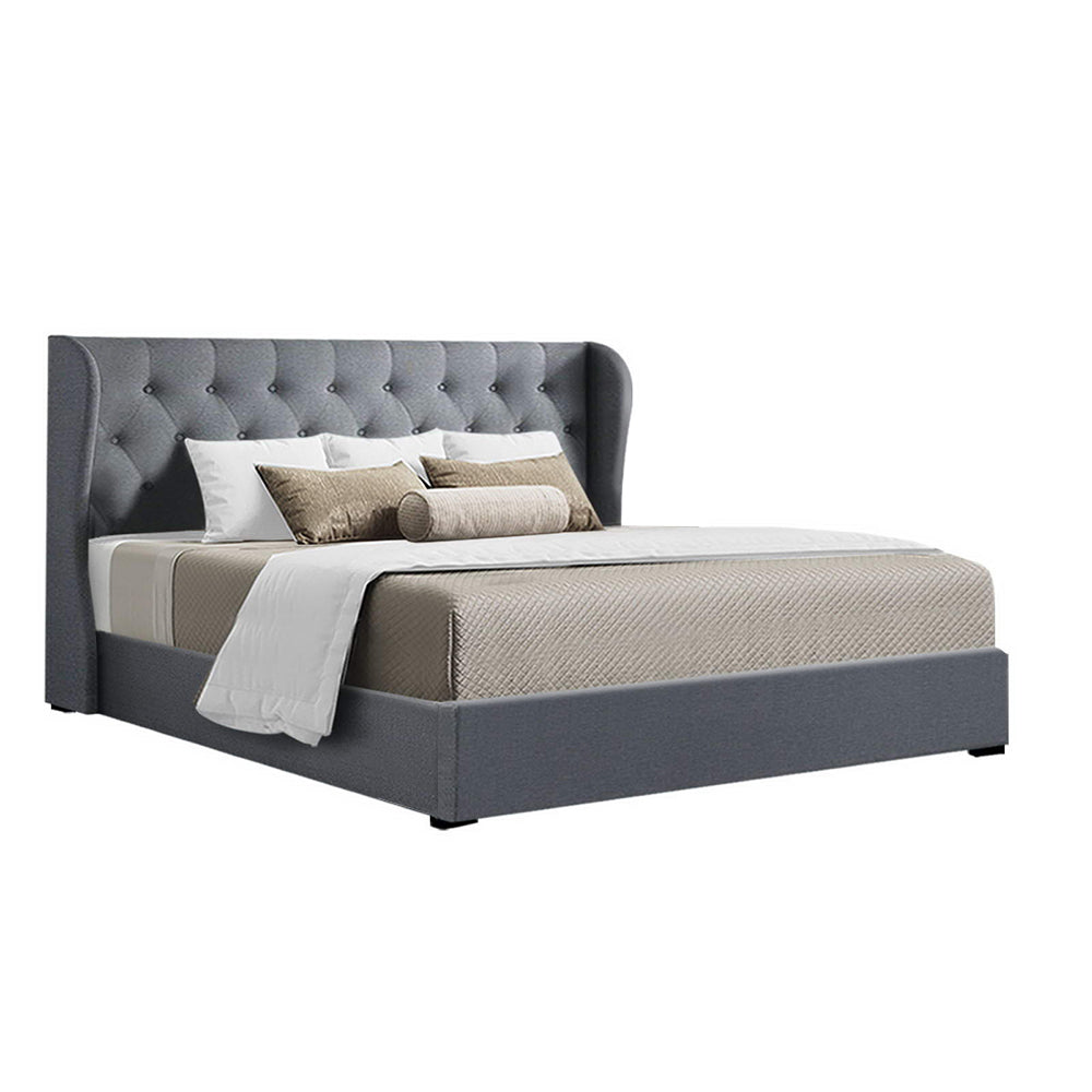 Artiss Issa Bed Frame Fabric Gas Lift Storage - Grey King freeshipping - Awezingly