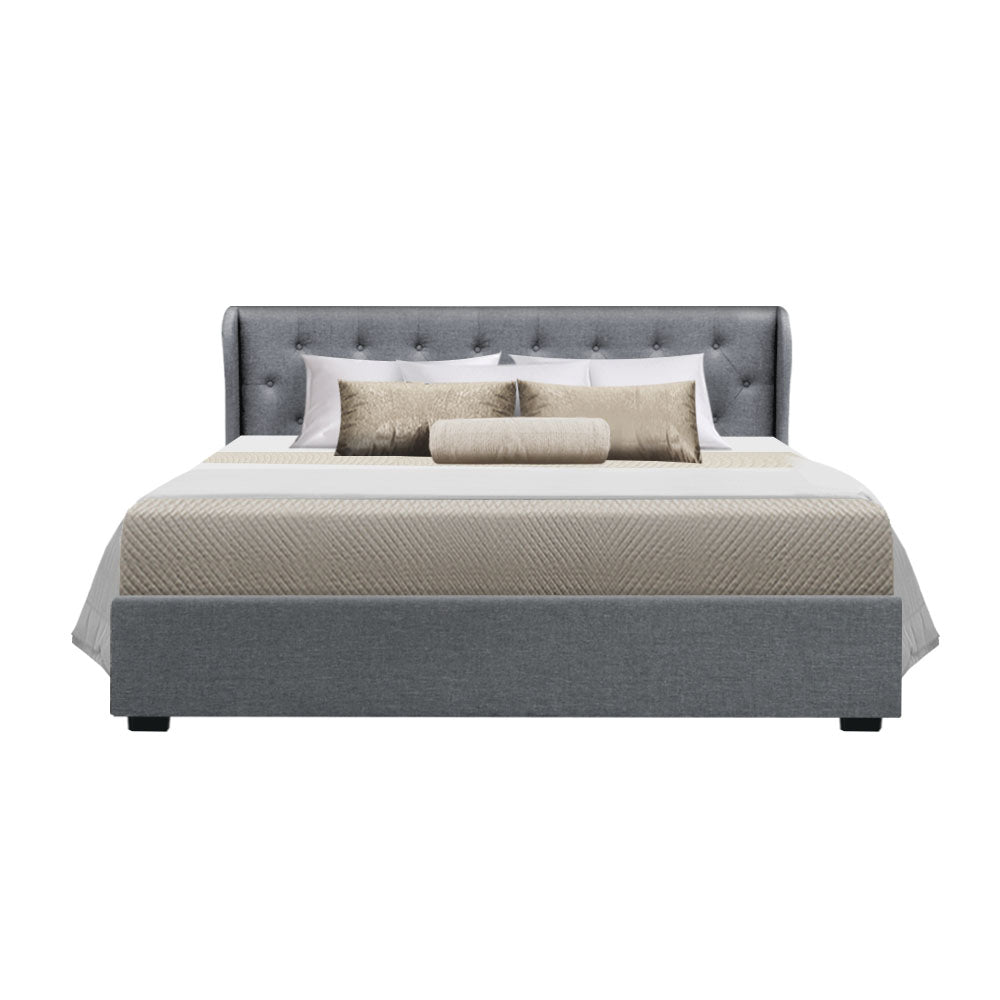 Artiss Issa Bed Frame Fabric Gas Lift Storage - Grey King freeshipping - Awezingly