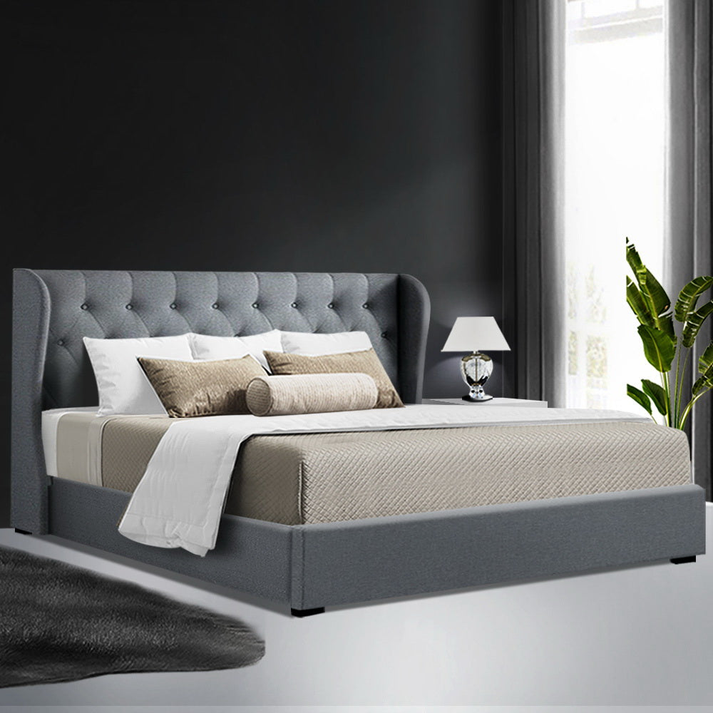 Artiss Issa Bed Frame Fabric Gas Lift Storage - Grey King freeshipping - Awezingly