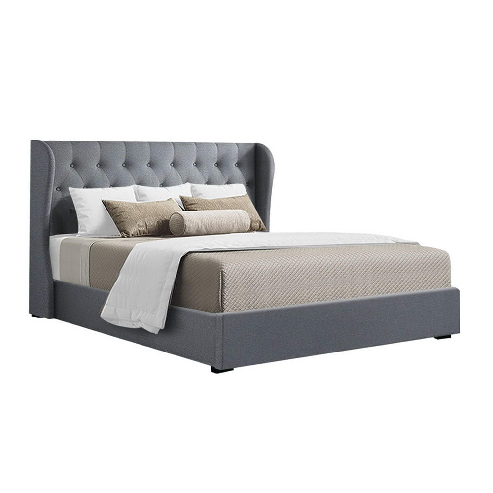 Artiss Issa Bed Frame Fabric Gas Lift Storage - Grey Queen freeshipping - Awezingly