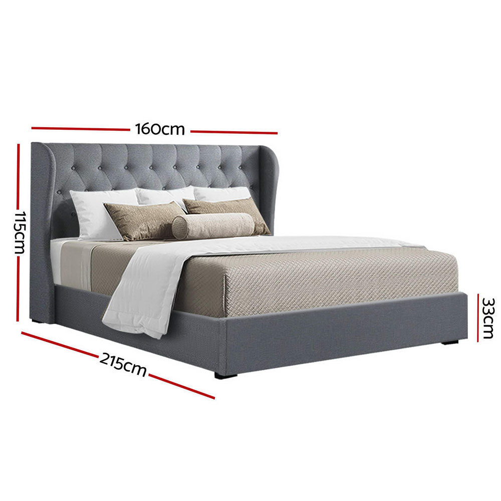 Artiss Issa Bed Frame Fabric Gas Lift Storage - Grey Queen freeshipping - Awezingly