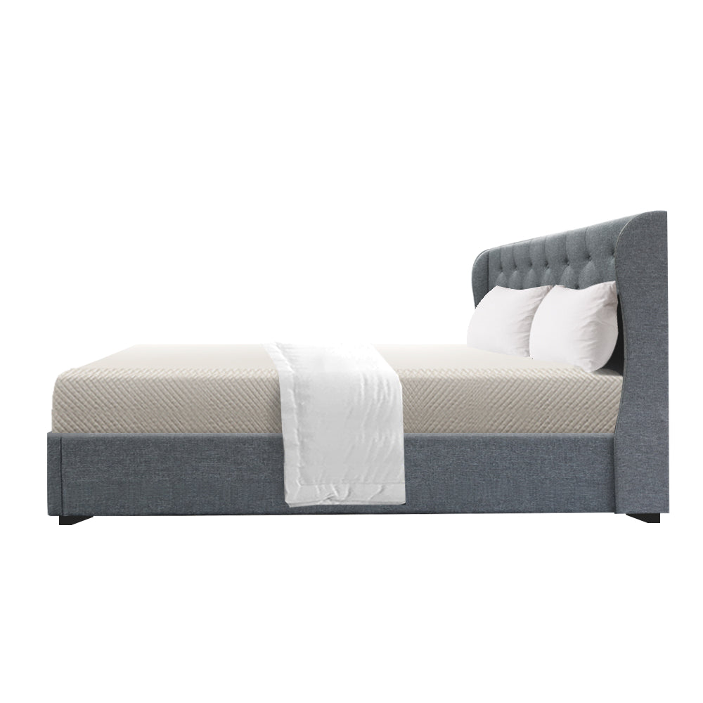 Artiss Issa Bed Frame Fabric Gas Lift Storage - Grey Queen freeshipping - Awezingly