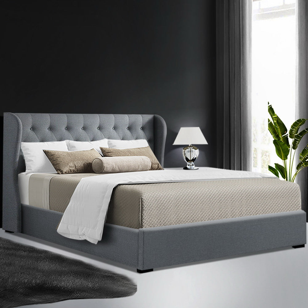 Artiss Issa Bed Frame Fabric Gas Lift Storage - Grey Queen freeshipping - Awezingly