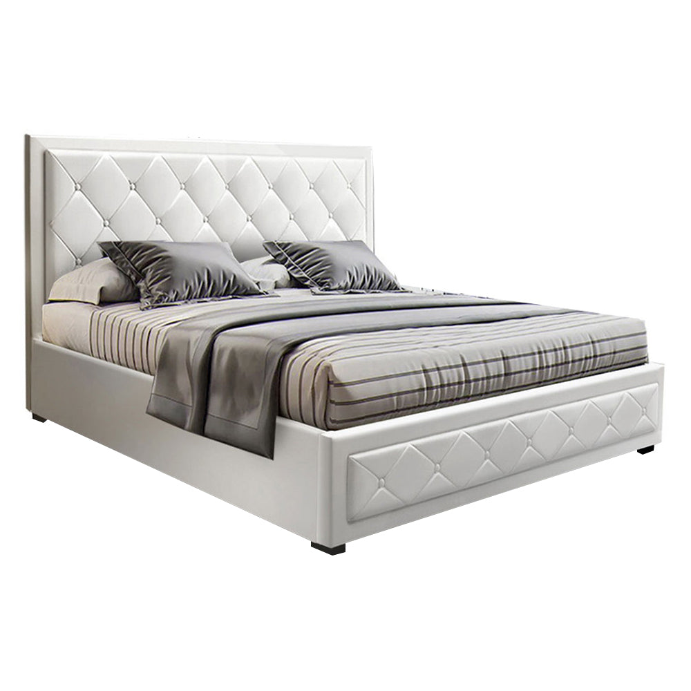 Artiss TIYO Double Full Size Gas Lift Bed Frame Base With Storage Mattress White Leather