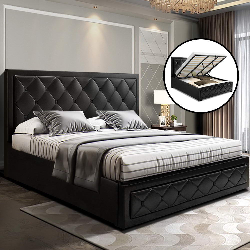 Artiss TIYO King Size Gas Lift Bed Frame Base With Storage Mattress Black Leather freeshipping - Awezingly