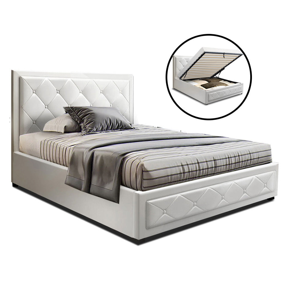 Artiss TIYO King Single Size Gas Lift Bed Frame Base With Storage Mattress White Leather freeshipping - Awezingly