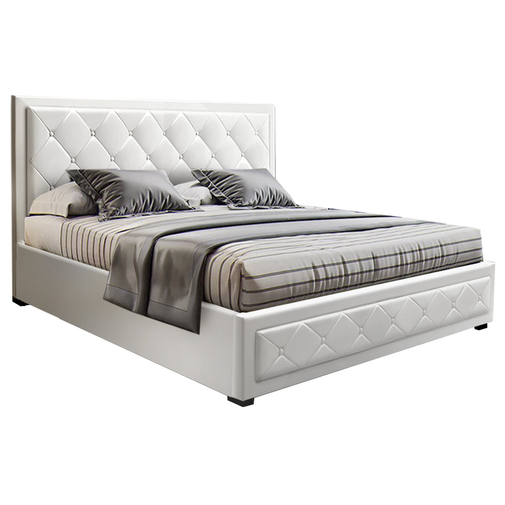 Artiss TIYO Queen Size Gas Lift Bed Frame Base With Storage Mattress White Leather