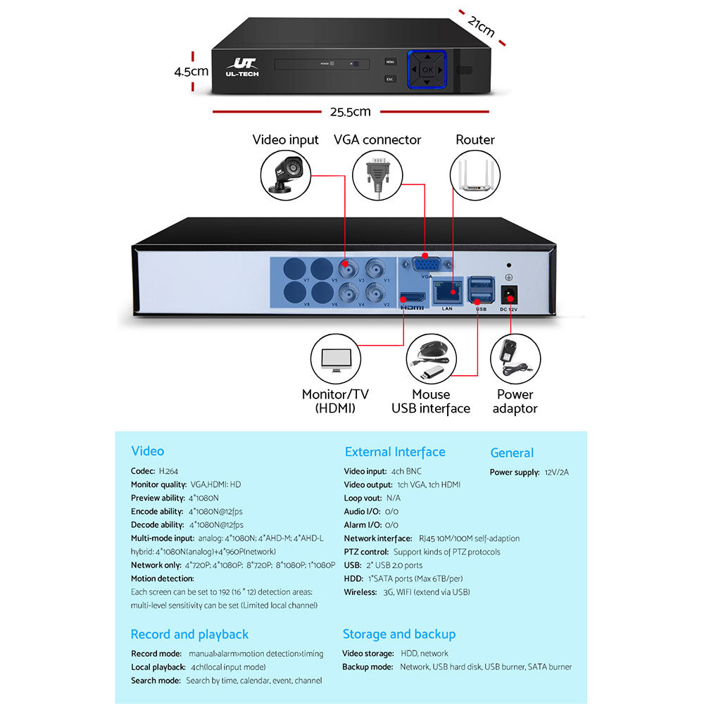 UL-TECH 4CH 5 IN 1 DVR CCTV Security System Video Recorder 4 Cameras 1080P HDMI Black freeshipping - Awezingly