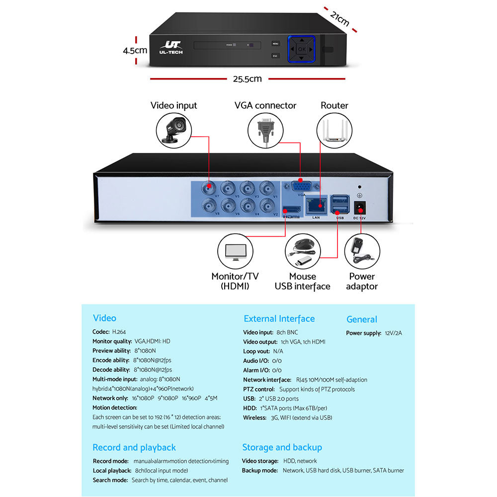 UL-TECH 8CH 5 IN 1 DVR CCTV Security System Video Recorder /w 4 Cameras 1080P HDMI Black freeshipping - Awezingly