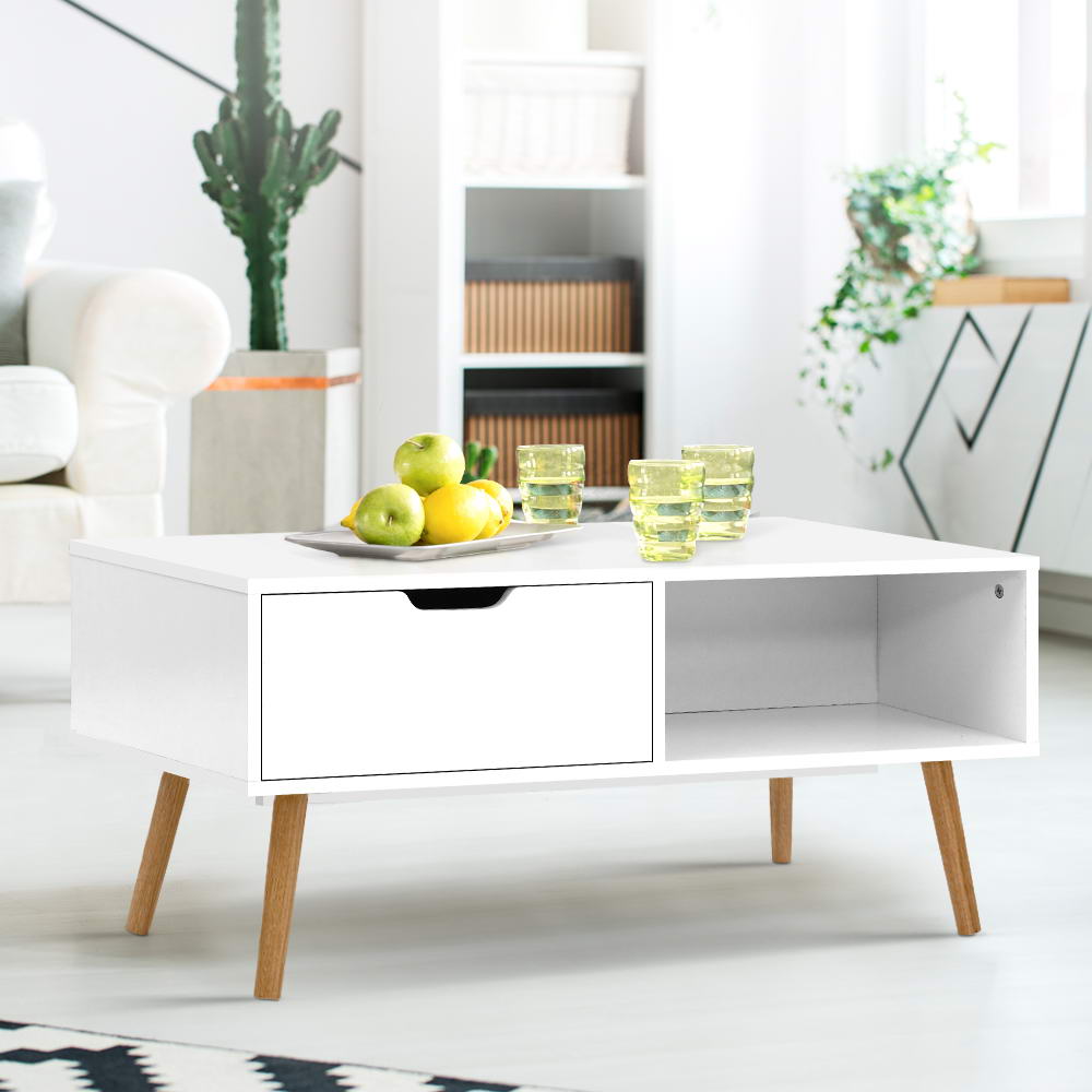 Artiss Coffee Table Storage Wooden Legs Scandinavian White freeshipping - Awezingly