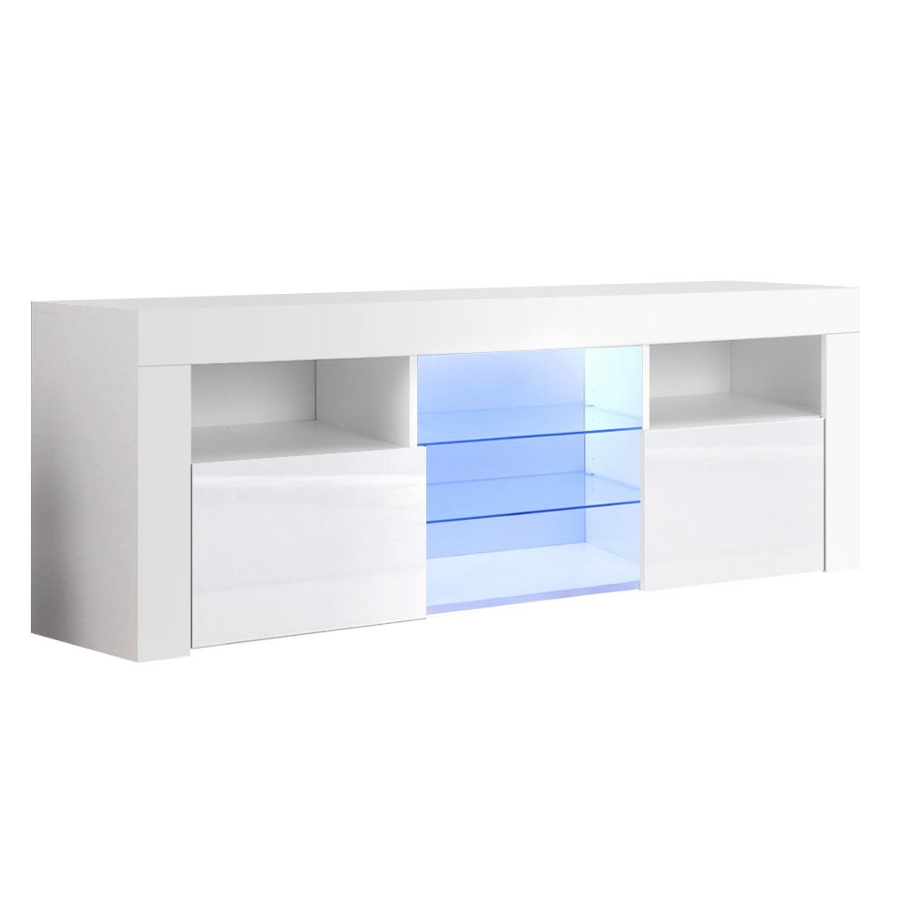 Artiss 145cm RGB LED TV Stand Cabinet Entertainment Unit Gloss Furniture Tempered Glass Shelf White freeshipping - Awezingly