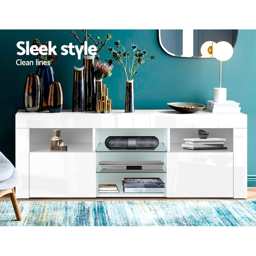 Artiss 145cm RGB LED TV Stand Cabinet Entertainment Unit Gloss Furniture Tempered Glass Shelf White freeshipping - Awezingly