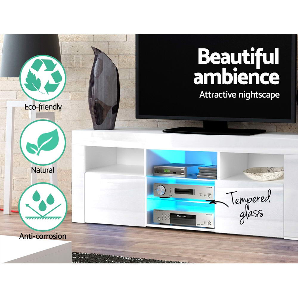 Artiss 145cm RGB LED TV Stand Cabinet Entertainment Unit Gloss Furniture Tempered Glass Shelf White freeshipping - Awezingly