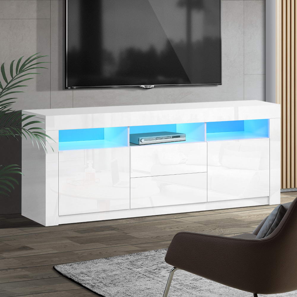 Artiss TV Cabinet Entertainment Unit Stand RGB LED Gloss Drawers 160cm White freeshipping - Awezingly