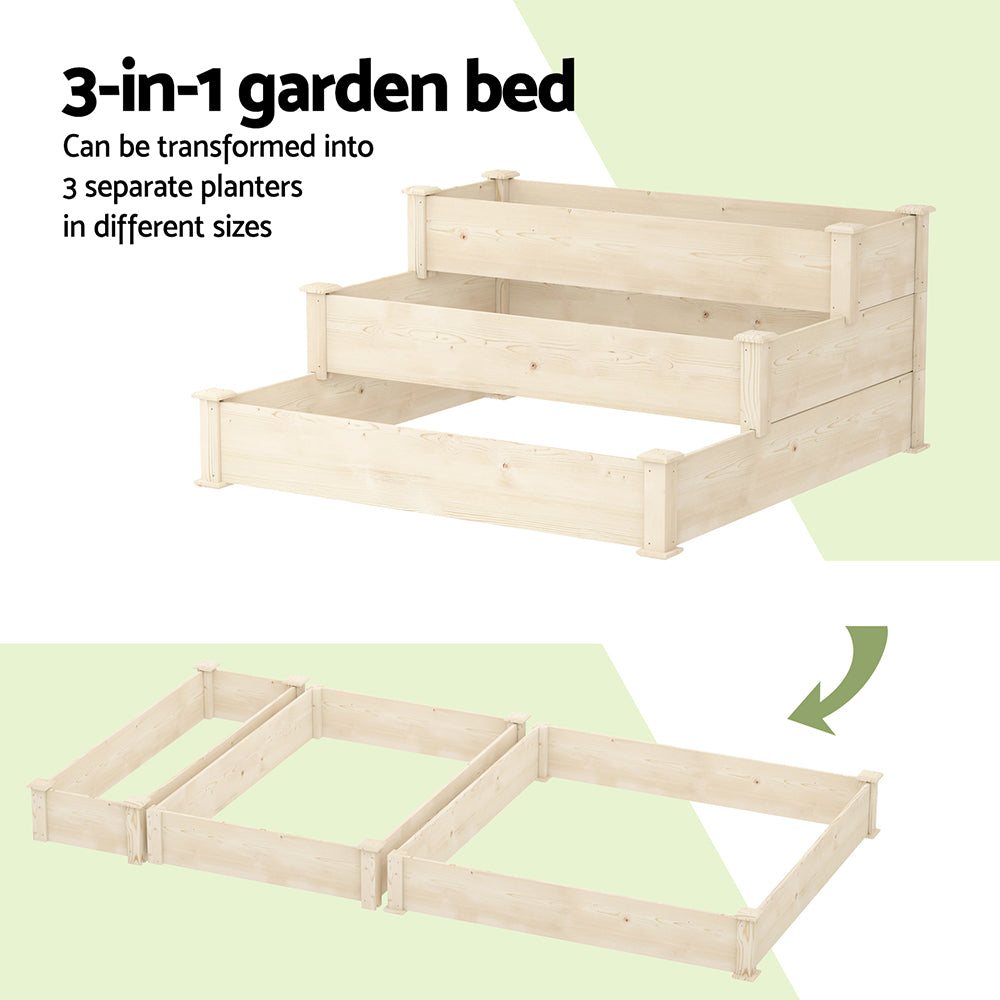 Green Fingers 3-Tier Wooden Raised Garden Bed Elevated Ground Vegetable Planter Box