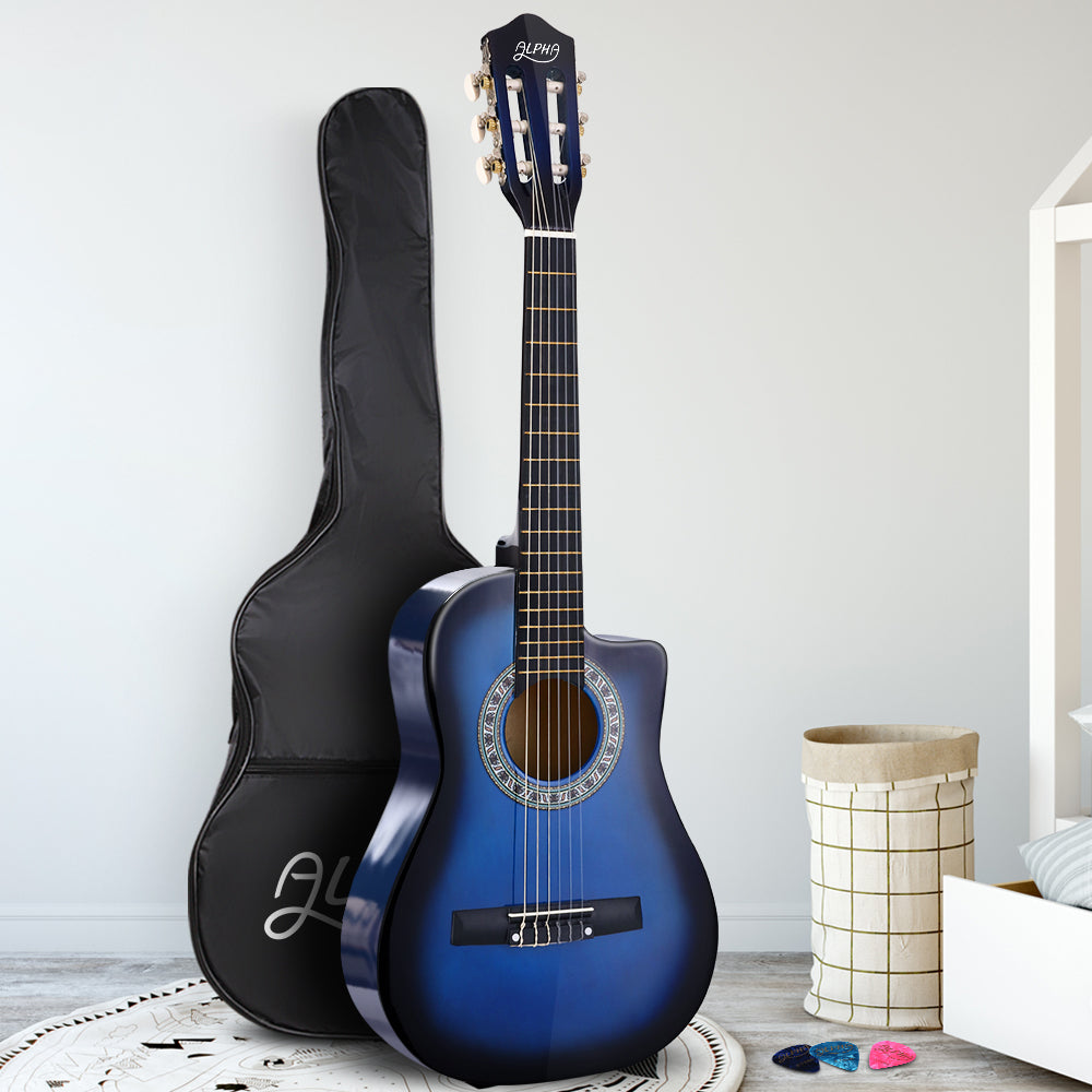 Alpha 34 Inch Guitar Classical Acoustic Cutaway Wooden Ideal Kids Gift Children 1/2 Size Blue