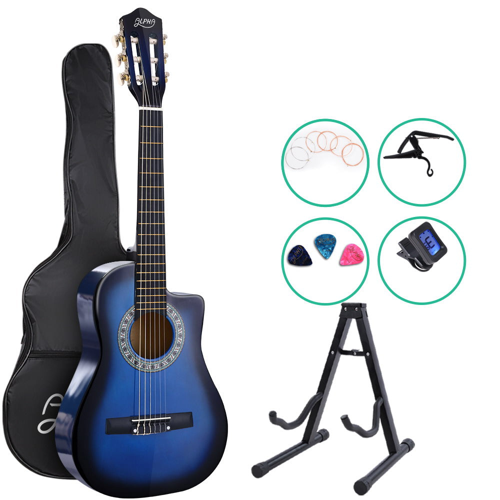 Alpha 34 Inch Guitar Classical Acoustic Cutaway Wooden Ideal Kids Gift Children 1/2 Size Blue with Capo Tuner