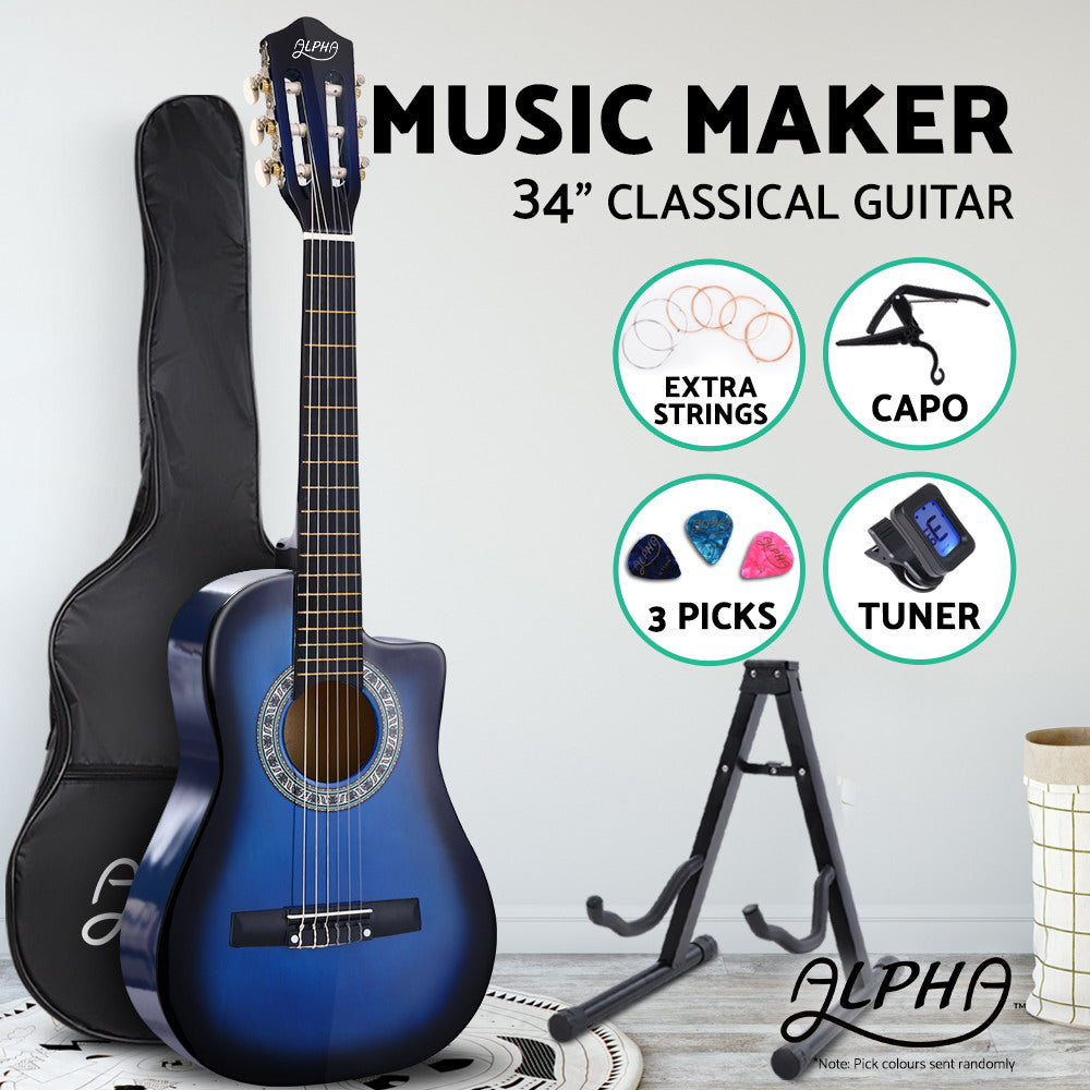 Alpha 34 Inch Guitar Classical Acoustic Cutaway Wooden Ideal Kids Gift Children 1/2 Size Blue with Capo Tuner