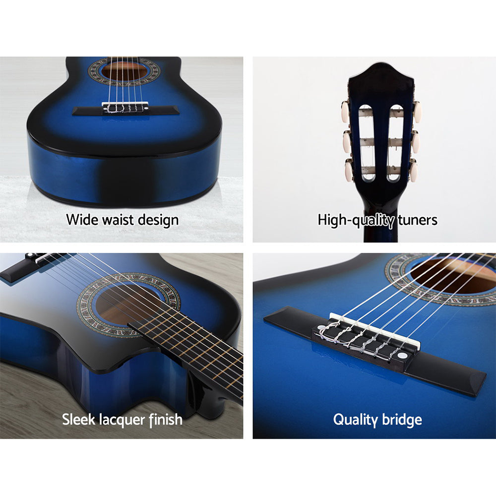 Alpha 34 Inch Guitar Classical Acoustic Cutaway Wooden Ideal Kids Gift Children 1/2 Size Blue with Capo Tuner