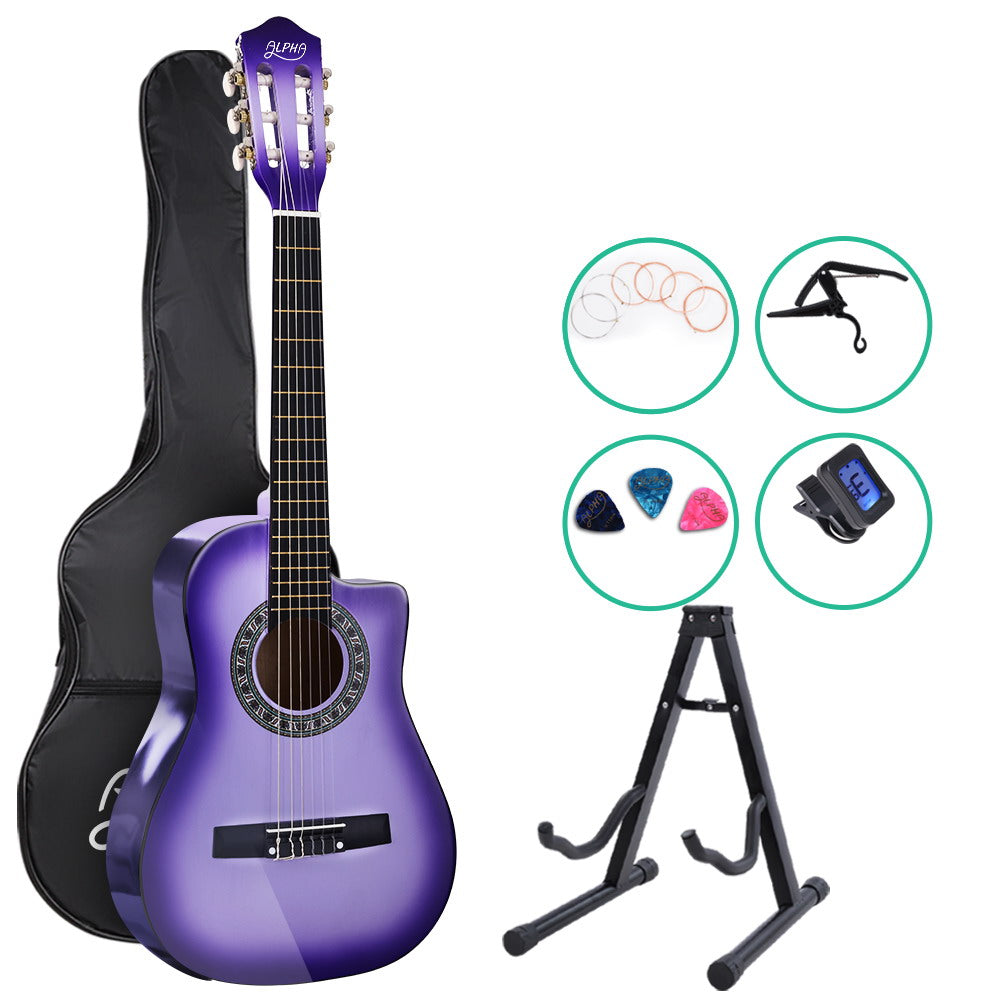 Alpha 34 Inch Guitar Classical Acoustic Cutaway Children 1/2 Size Purple with Capo Tuner freeshipping - Awezingly