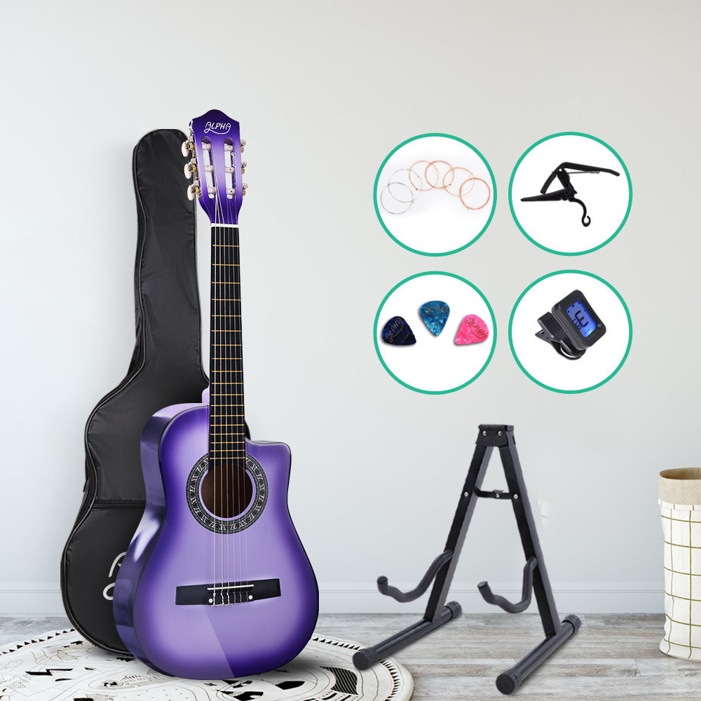 Alpha 34 Inch Guitar Classical Acoustic Cutaway Children 1/2 Size Purple with Capo Tuner freeshipping - Awezingly